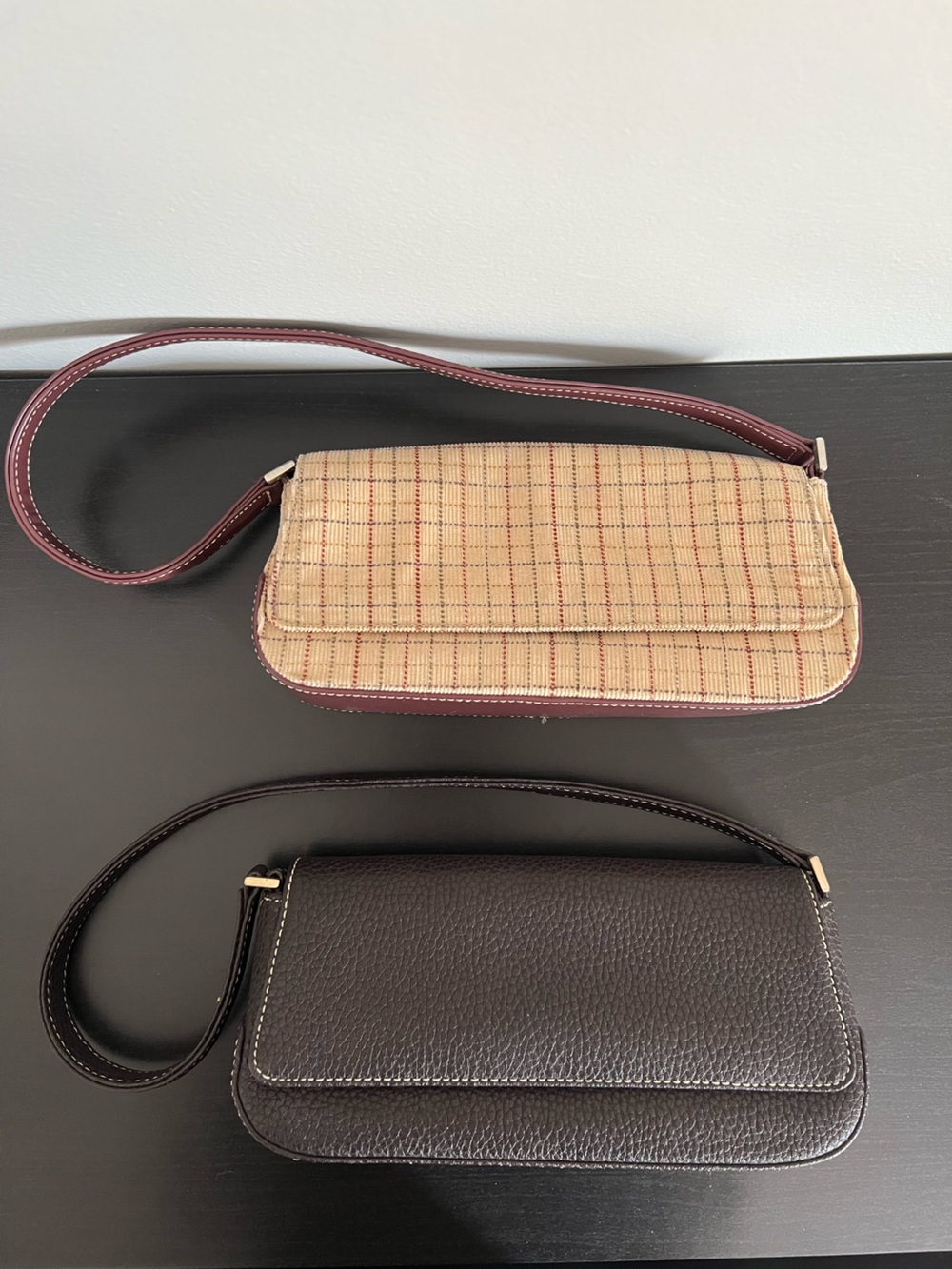 Pair of Vintage Liz Claiborne Small Shoulder Bags | Tan Plaid and Dark Brown